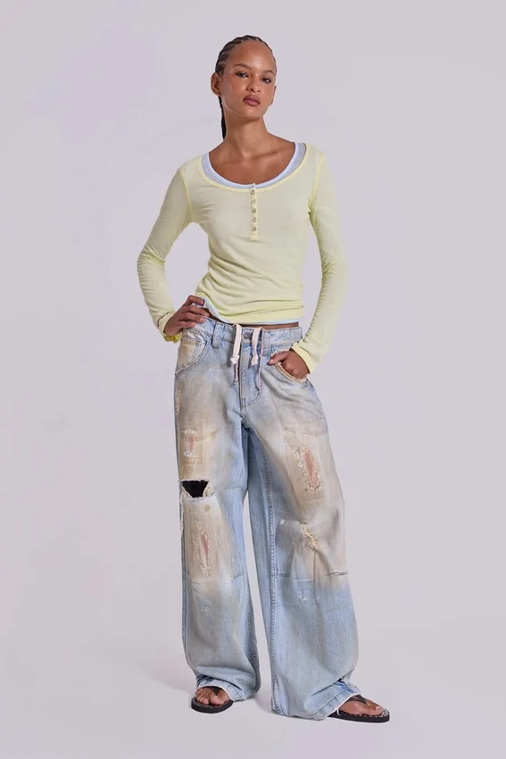 Doorschijnende Henley-top in Buttercup