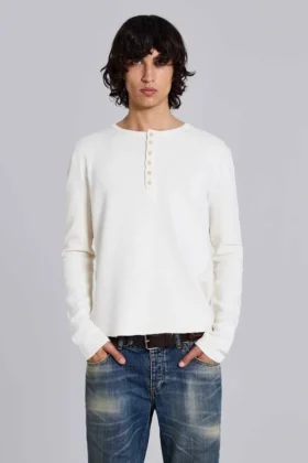 Ecru Henley-top met wafelpatroon