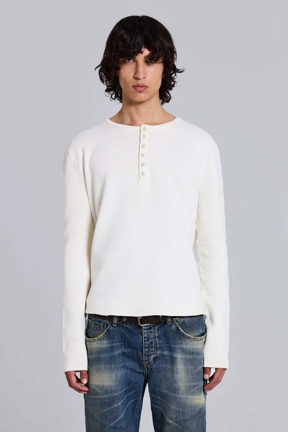 Ecru Henley-top met wafelpatroon