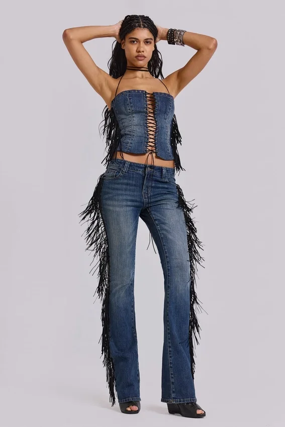 El Topo bootcut-Jeans met franjes in blauwe wassing