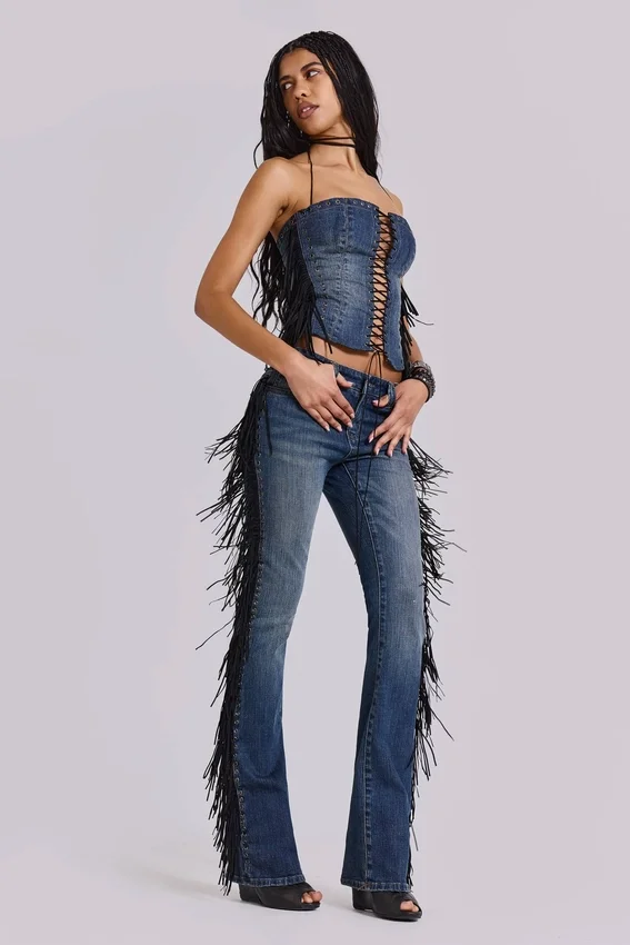 El Topo bootcut-Jeans met franjes in blauwe wassing