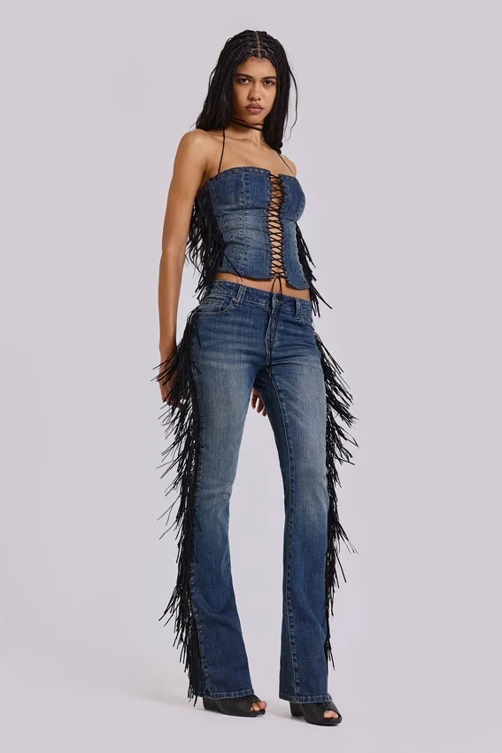 El Topo bootcut-Jeans met franjes in blauwe wassing