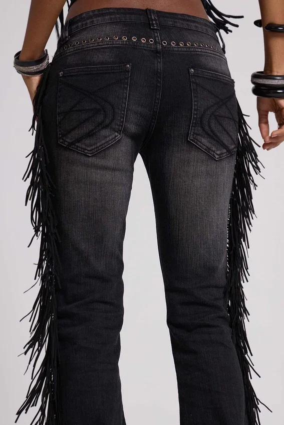El Topo bootcut-Jeans met franjes in zwarte wassing