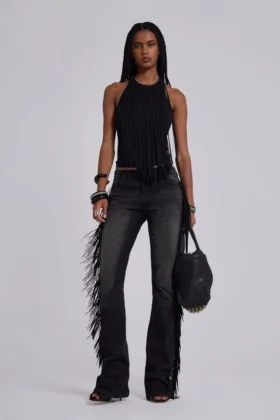 El Topo bootcut-Jeans met franjes in zwarte wassing