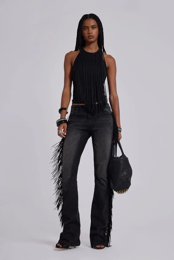 El Topo bootcut-Jeans met franjes in zwarte wassing