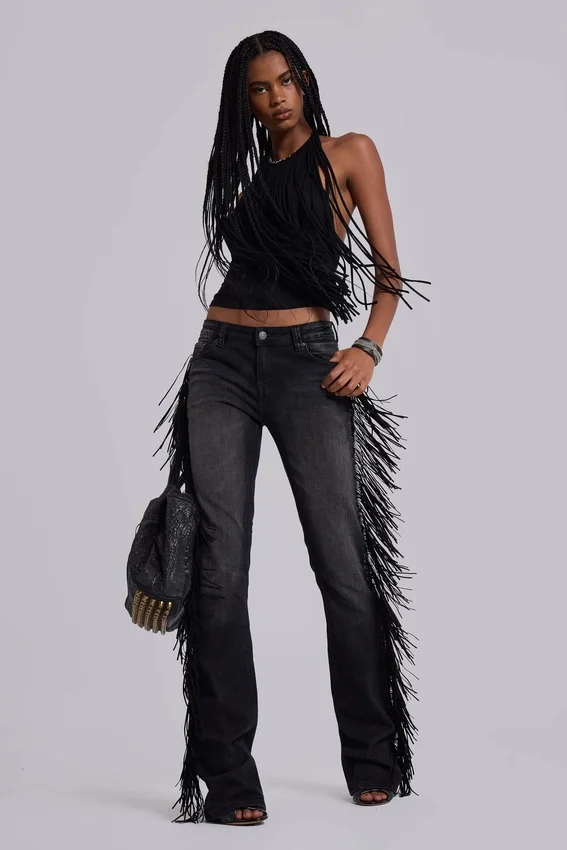 El Topo bootcut-Jeans met franjes in zwarte wassing