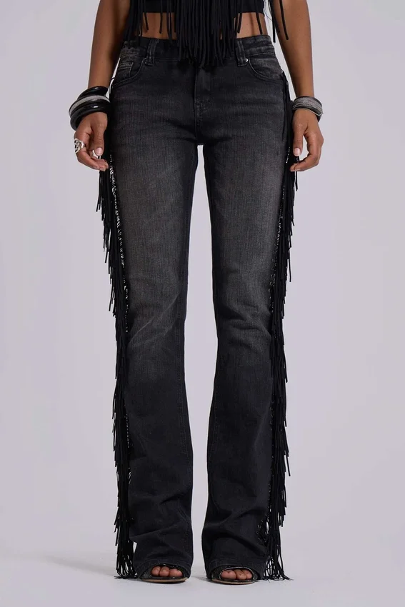 El Topo bootcut-Jeans met franjes in zwarte wassing
