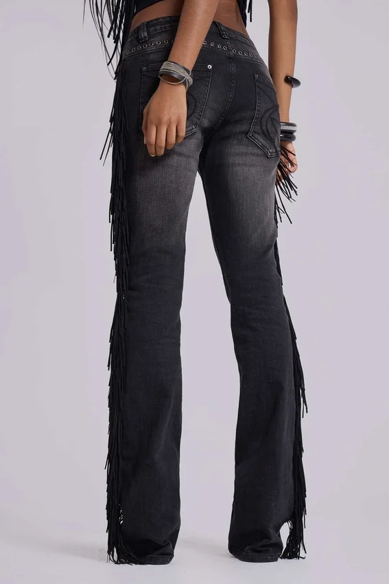 El Topo bootcut-Jeans met franjes in zwarte wassing