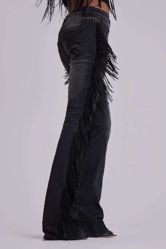 El Topo bootcut-Jeans met franjes in zwarte wassing