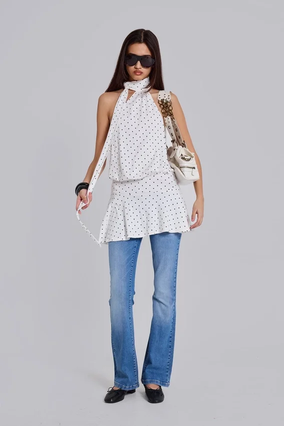 Enya mini-jurk met open rug in stippenmotief