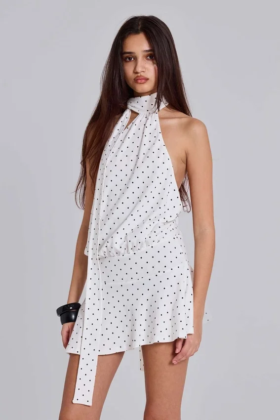 Enya mini-jurk met open rug in stippenmotief