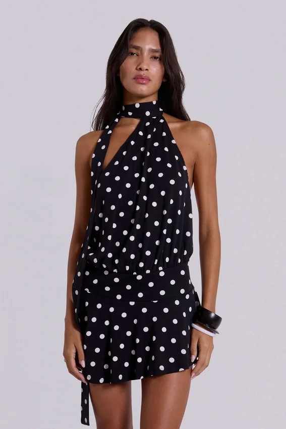 Enya mini-jurk met open rug in XL met stippen