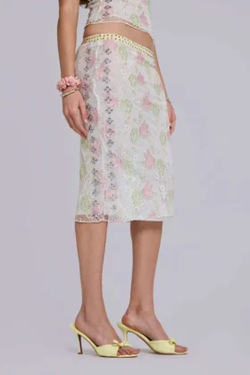 Fioretta midi-rok van kant met studs