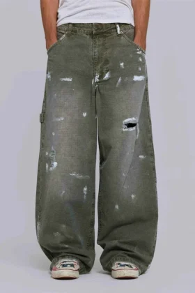 Geverfde kaki ripstop-timmermansjeans