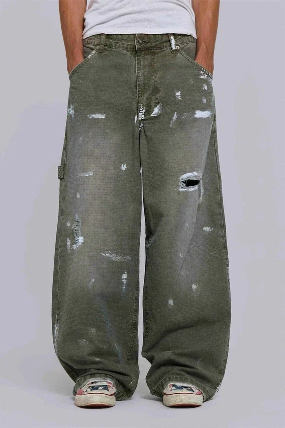 Geverfde kaki ripstop-timmermansjeans