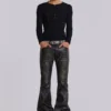 Gewaschener schwarzer PU-Drift-Bootcut-Jeans