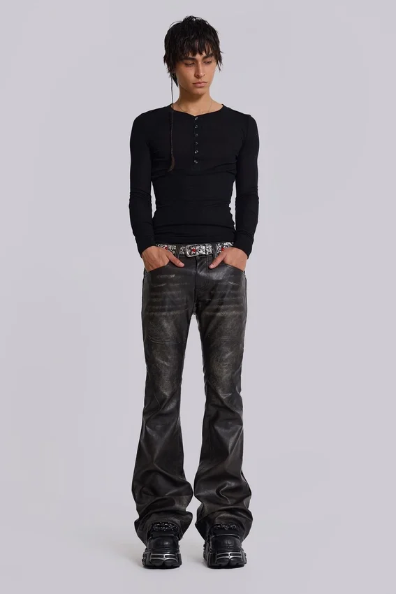 Gewaschener schwarzer PU-Drift-Bootcut-Jeans