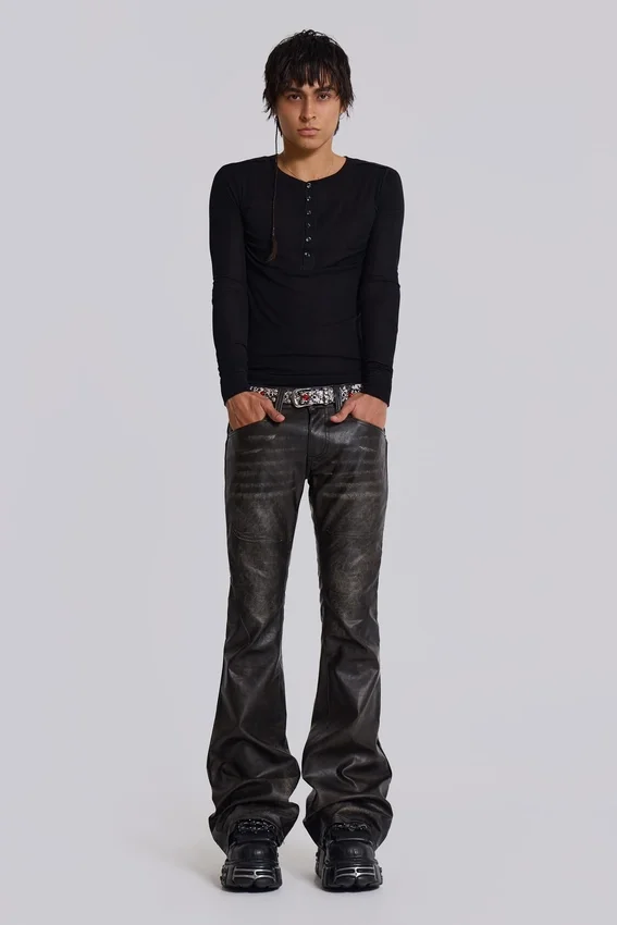 Gewaschener schwarzer PU-Drift-Bootcut-Jeans