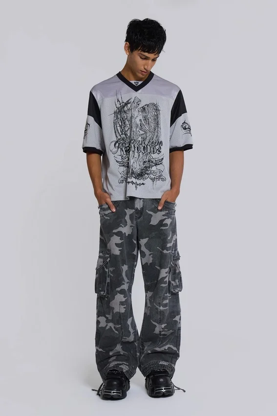 Gewassen zwarte cargo-broek met Trooper-camouflagepatroon