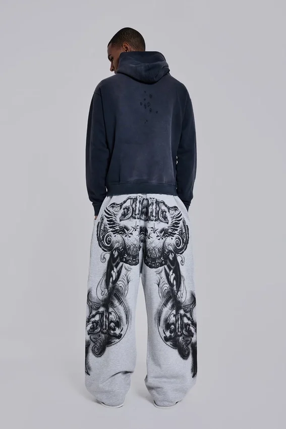 Grijs gemêleerde baggy Monster Joggers met gotische print