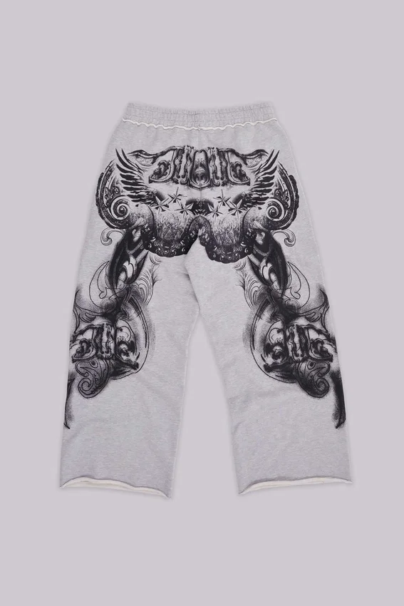 Grijs gemêleerde baggy Monster Joggers met gotische print
