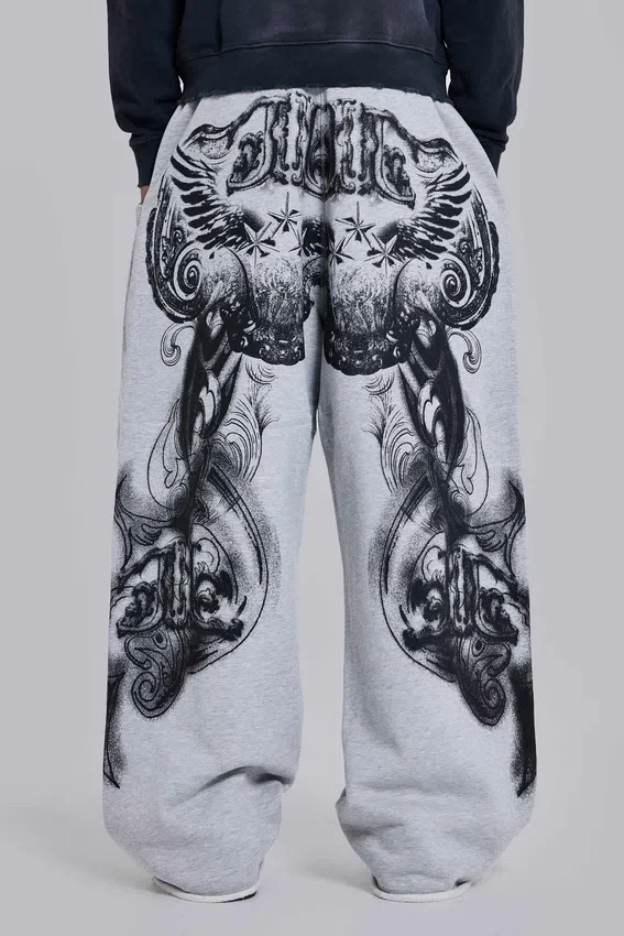 Grijs gemêleerde baggy Monster Joggers met gotische print