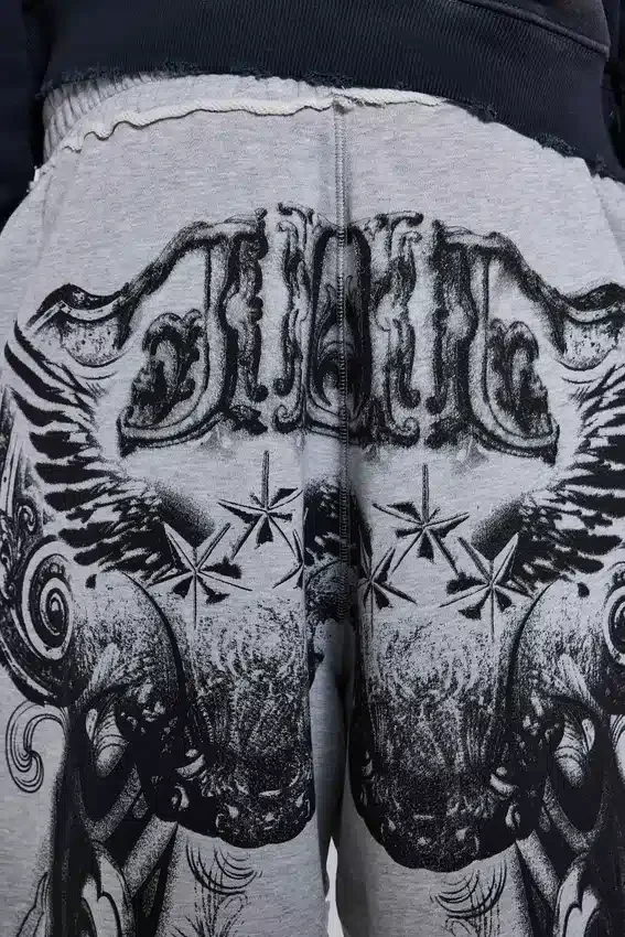 Grijs gemêleerde baggy Monster Joggers met gotische print