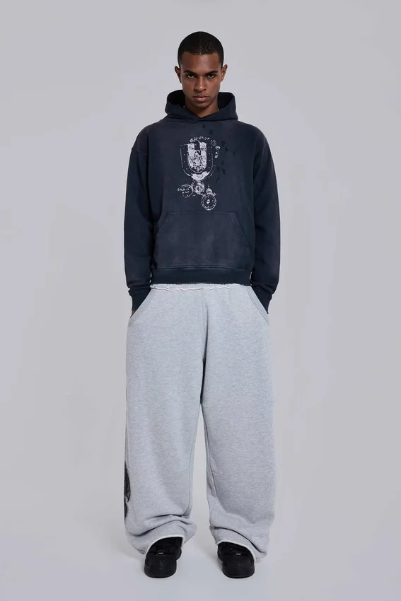 Grijs gemêleerde baggy Monster Joggers met gotische print
