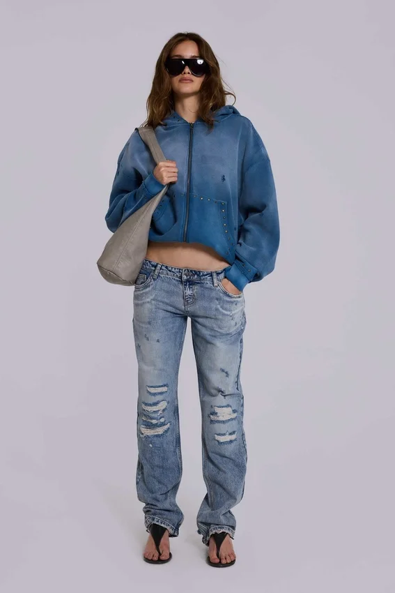 Hoodie met studs in sunfade-wafelstof