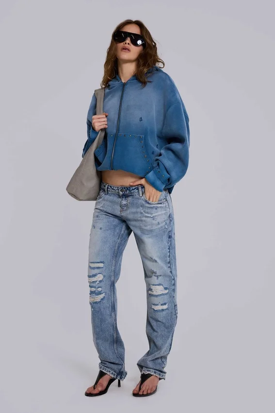 Hoodie met studs in sunfade-wafelstof