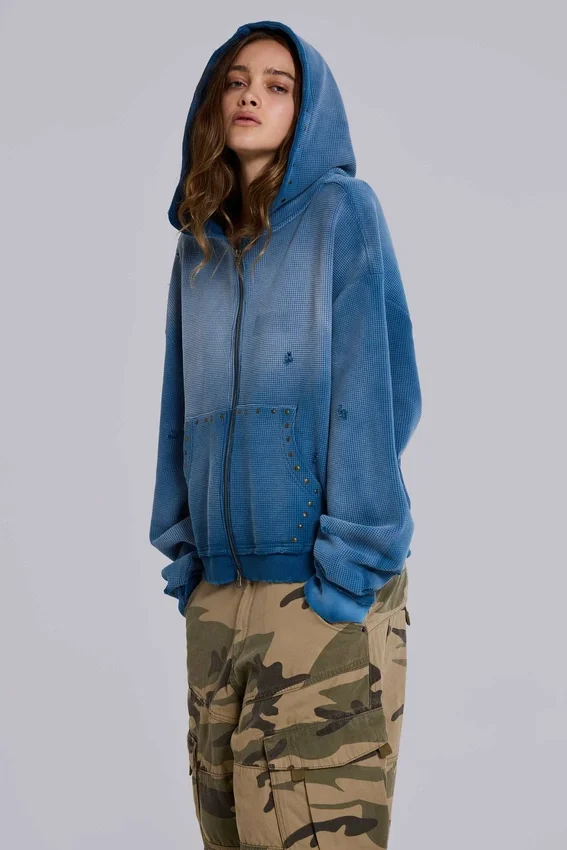 Hoodie met studs in sunfade-wafelstof