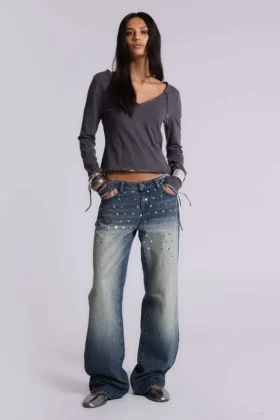 Hunter losse Jeans met rechte pijpen en spiegeltjes