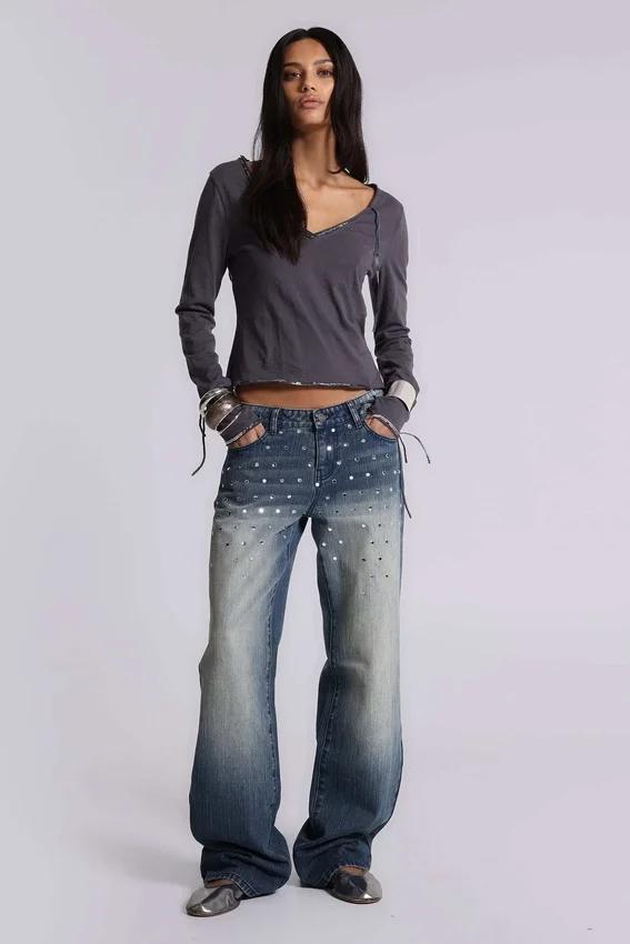 Hunter losse Jeans met rechte pijpen en spiegeltjes