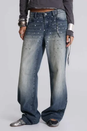 Hunter losse Jeans met rechte pijpen en spiegeltjes
