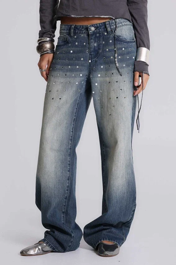 Hunter losse Jeans met rechte pijpen en spiegeltjes