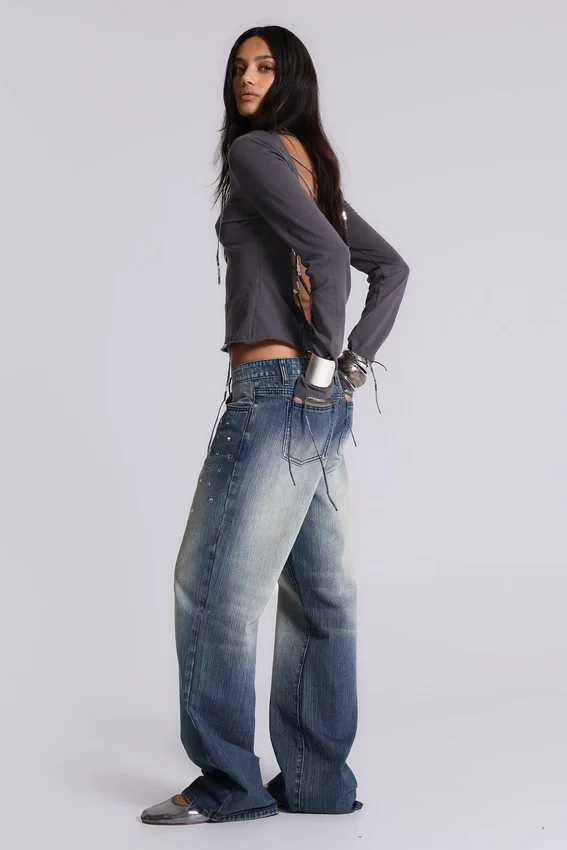 Hunter losse Jeans met rechte pijpen en spiegeltjes