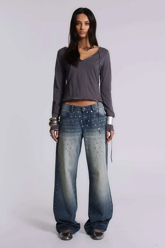 Hunter losse Jeans met rechte pijpen en spiegeltjes