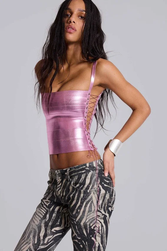 Idol metallic bandage-corsettop in roze