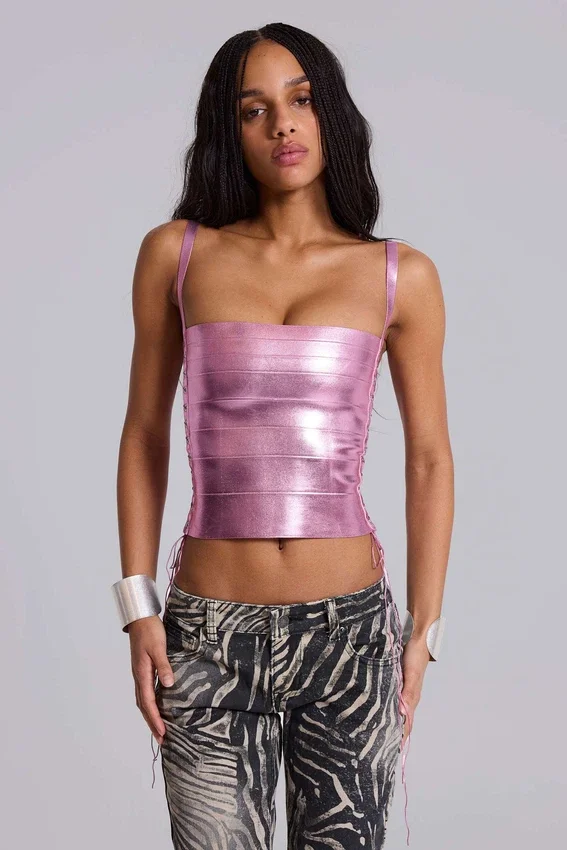 Idol metallic bandage-corsettop in roze