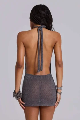 Infinity gebreide halter-minijurk in gunmetal