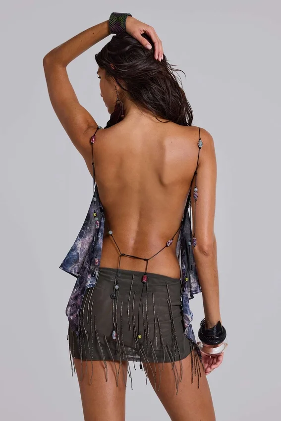 Kapli chiffon top met open rug en kralenbandjes