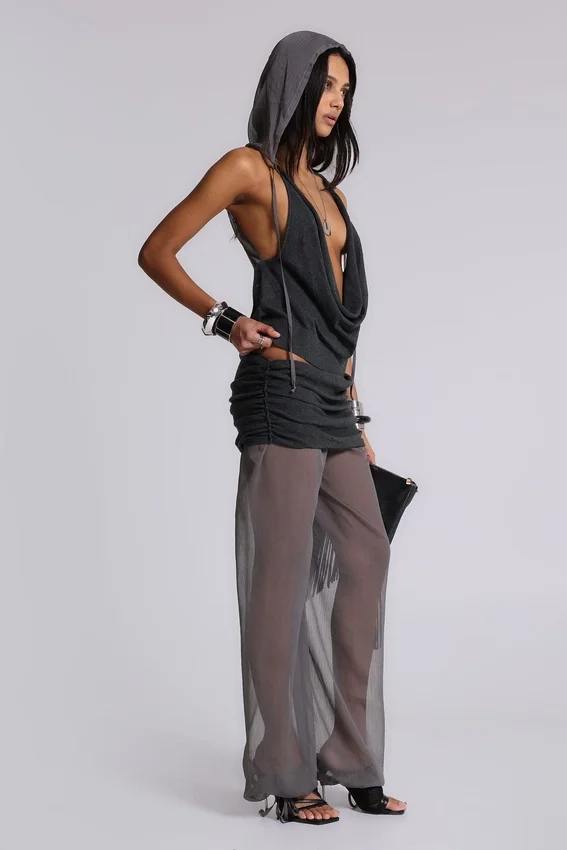 Lurien chiffon gebreide top met capuchon en open rug