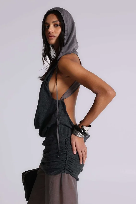 Lurien chiffon gebreide top met capuchon en open rug