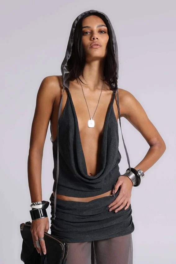 Lurien chiffon gebreide top met capuchon en open rug