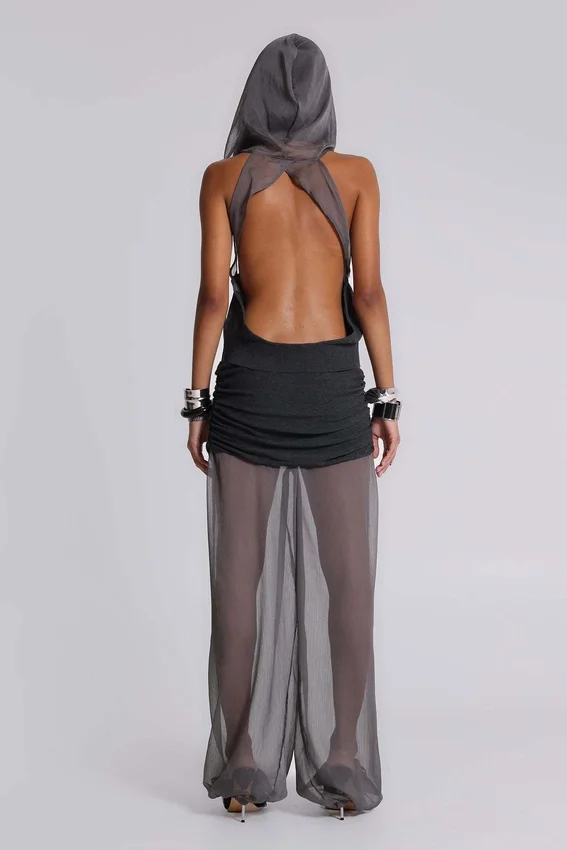 Lurien chiffon gebreide top met capuchon en open rug