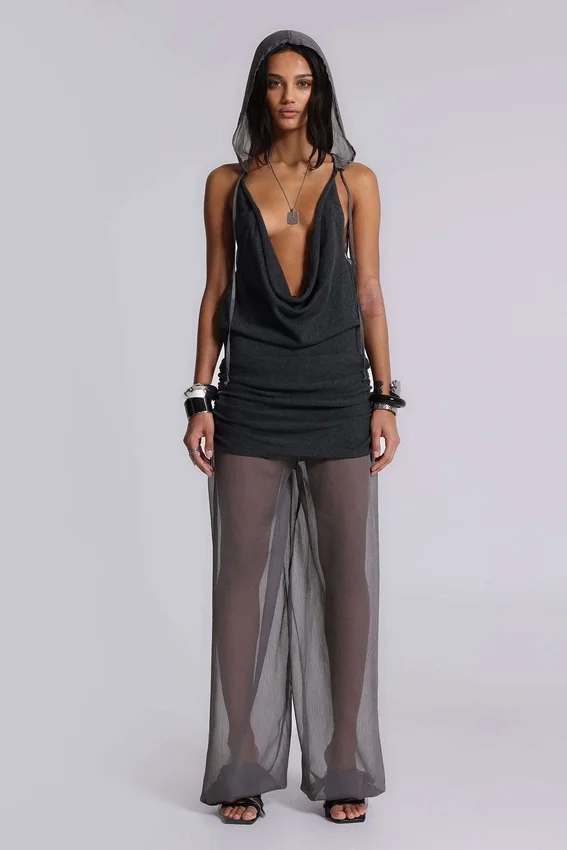 Lurien chiffon gebreide top met capuchon en open rug