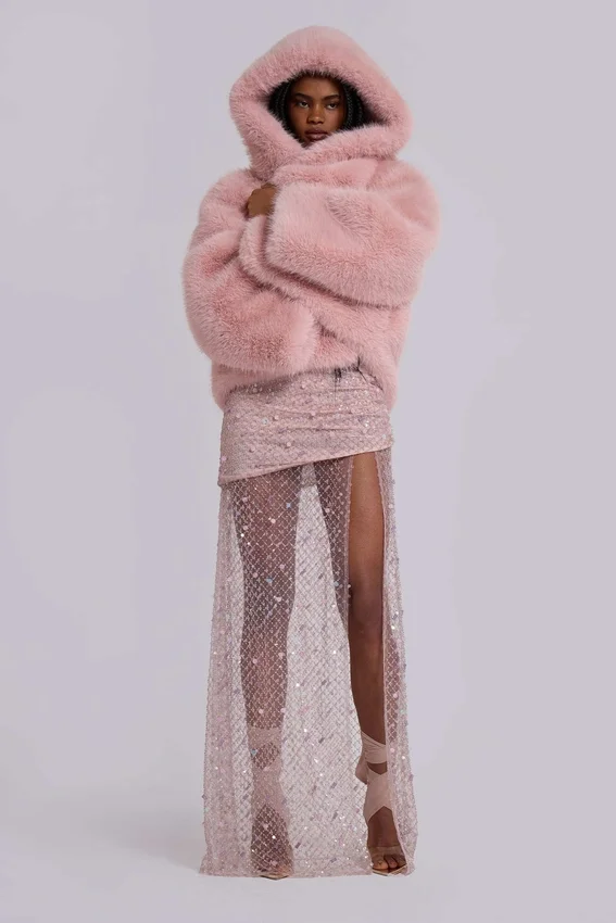 Mara oversized jas van imitatiebont in roze