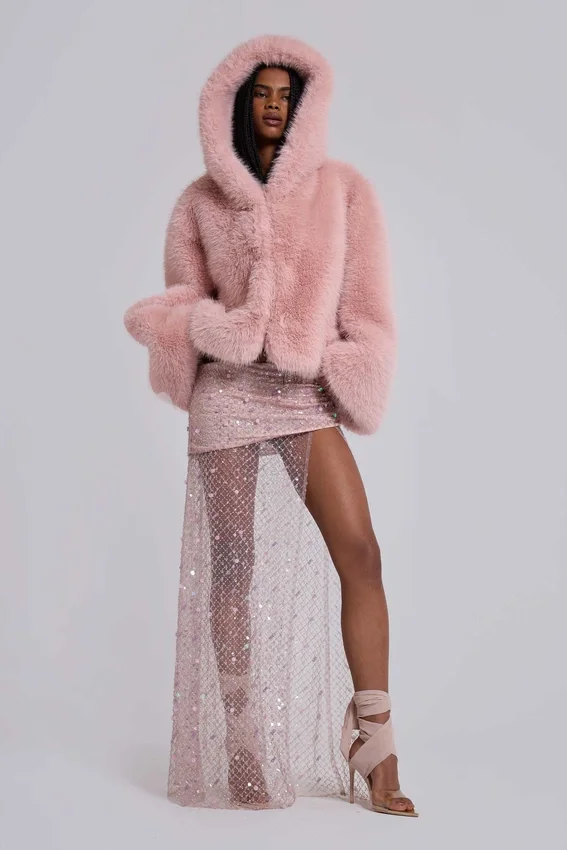 Mara oversized jas van imitatiebont in roze
