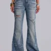 Middenblauwe, verweerde, gekreukelde Drift-flared Jeans