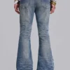 Middenblauwe, verweerde, gekreukelde Drift-flared Jeans